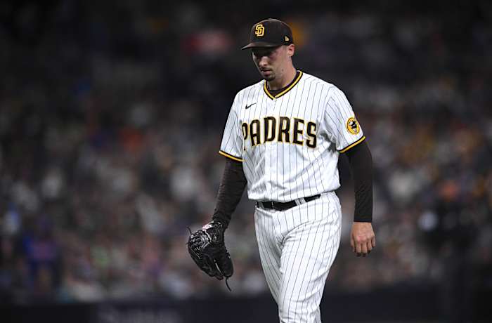 San Diego Padres starting pitcher Blake Snell (4) walks to the dugout after a pitching change during the fifth inning against the New York Mets at Petco Park.